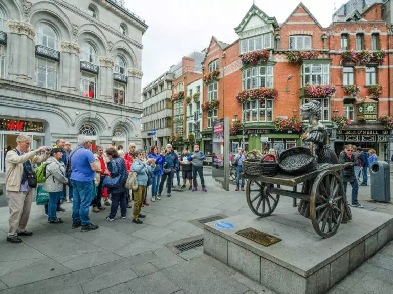 Statue of Molly Malone and her cart at the current location on Suffolk Street.