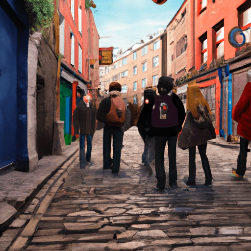 קבוצת תיירים חוקרת את הרחובות המרוצפים של דבלין